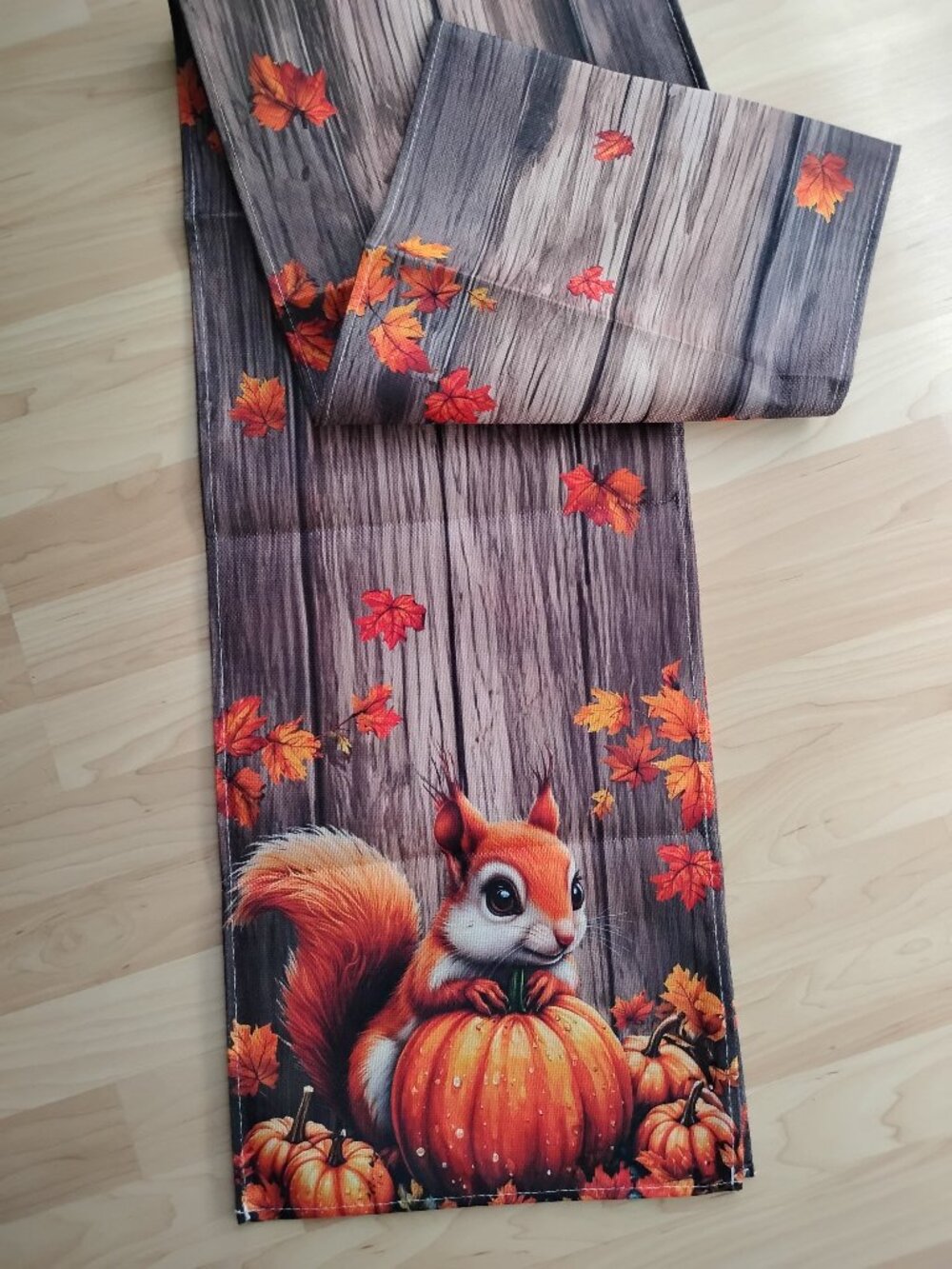 Autumn Table Runner with Squirrel, Pumpkins and Leaves 12 x 117 inch
